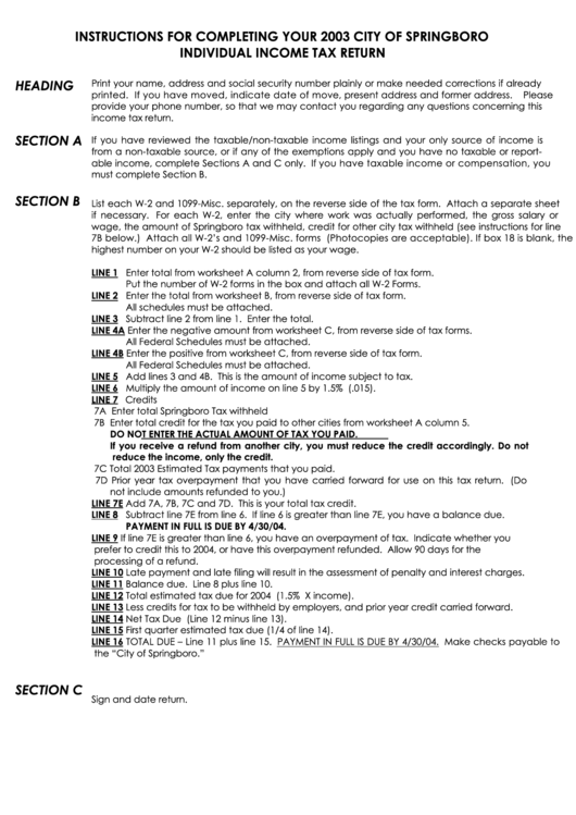 Individual Income Tax Return - City Of Springboro - 2003 Printable pdf