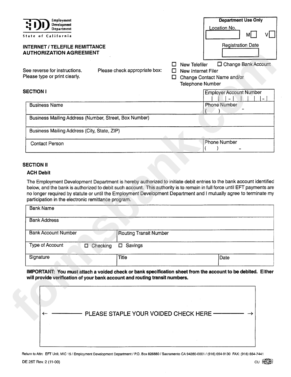 Form De-26t - Internet/telefile Remittance Authorization Agreement