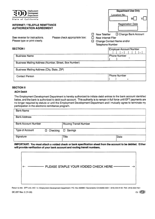 Form De-26t - Internet/telefile Remittance Authorization Agreement Printable pdf