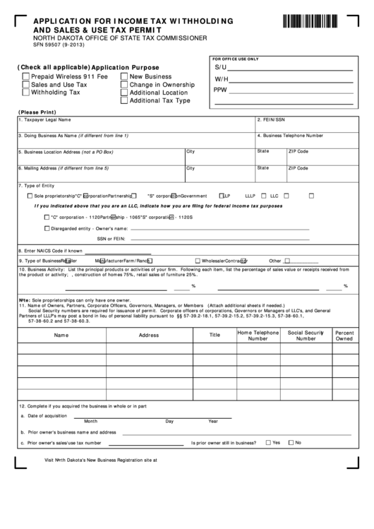 Fillable Form Sfn 59507 - Application For Income Tax Withholding And Sales & Use Tax Permit - 2013 Printable pdf