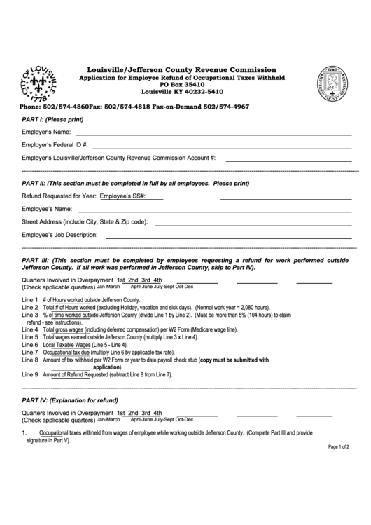 Application For Employee Refund Of Occupational Taxes Withheld Form - Louisville/jefferson County Printable pdf