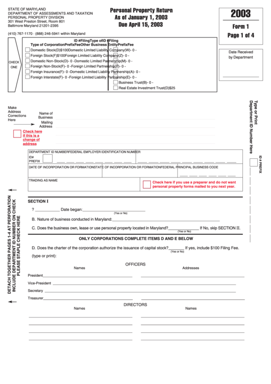 Fillable Form 1 - Personal Property Return - 2003 Printable pdf