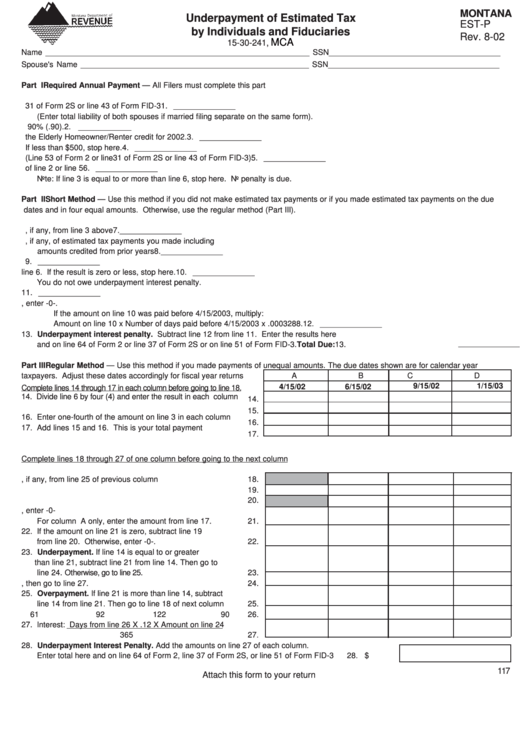 Montana Form Est-P - Underpayment Of Estimated Tax By Individuals And Fiduciaries - 2002 Printable pdf