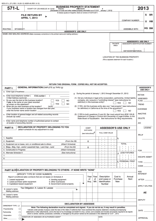 Fillable Form Boe-571-L - Business Property Statement - 2013 Printable pdf