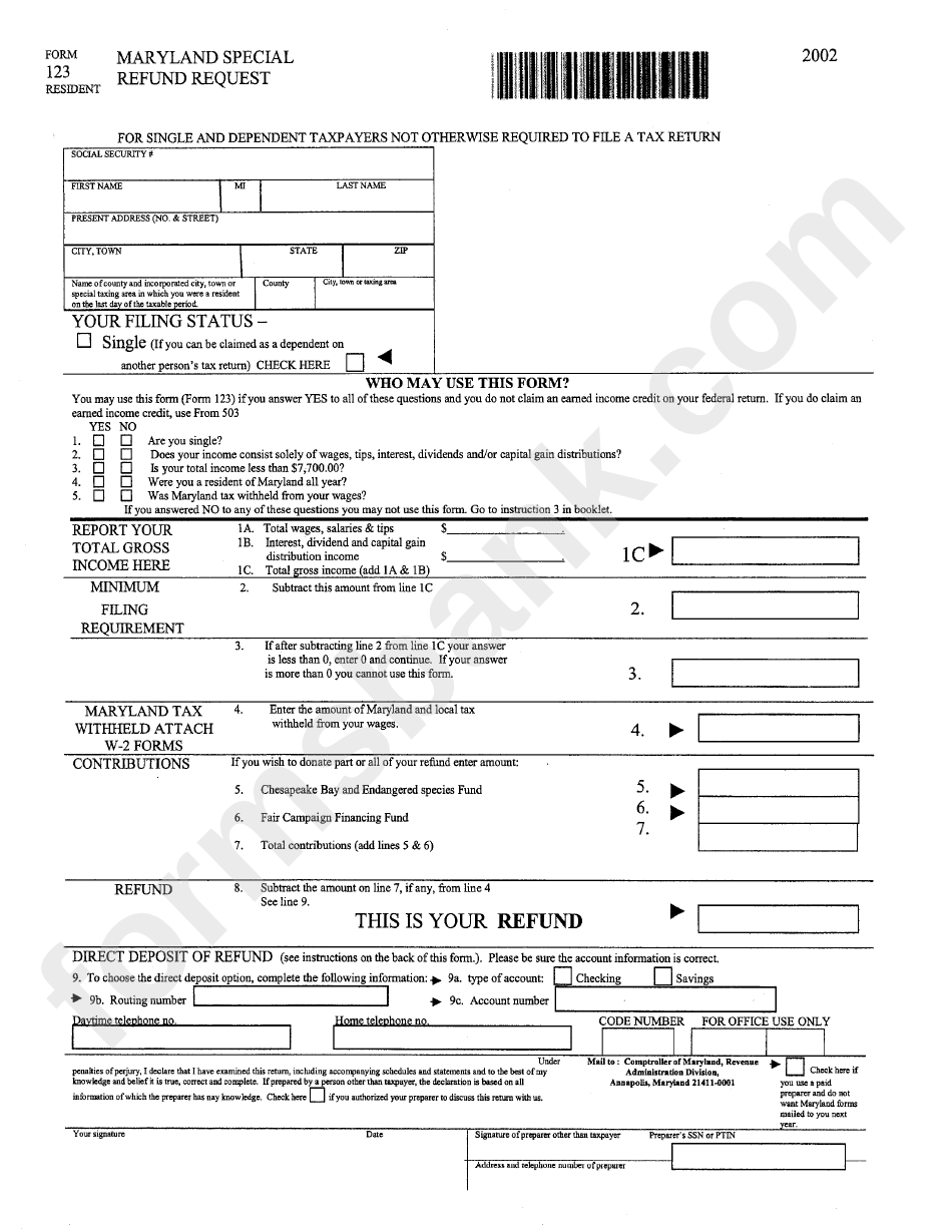 Form 123 - Maryland Special Refund Request - 2002