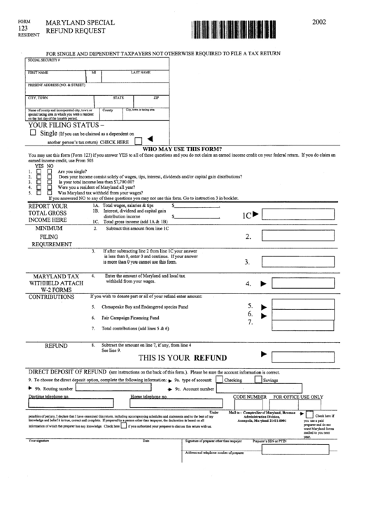 Form 123 - Maryland Special Refund Request - 2002 Printable pdf