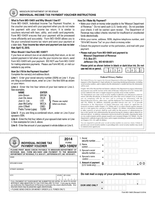 Fillable Form Mo-1040v - Individual Income Tax Payment Voucher - 2014 Printable pdf