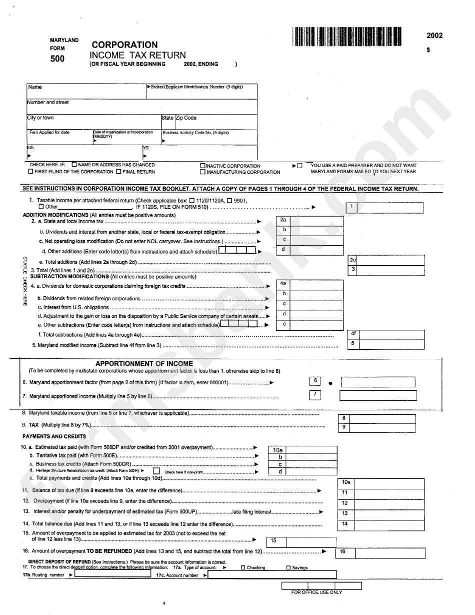 Form 500 - Corporation Income Tax Return - 2002