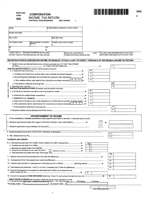 Form 500 - Corporation Income Tax Return - 2002 Printable pdf