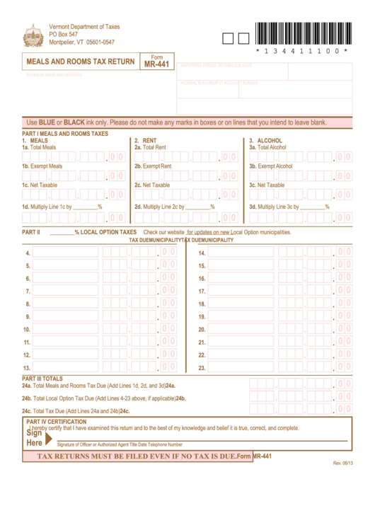 Form Mr-441 - Meals And Rooms Tax Return - 2013 Printable pdf