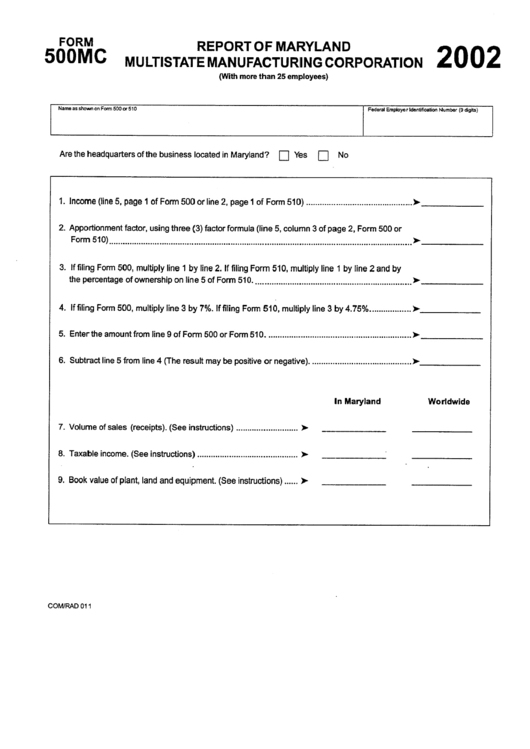Form 500mc - Report Of Maryland Multistate Manufacturing Corporation - 2002 Printable pdf