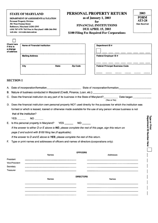 Form At3-28 - Personal Property Return - 2003 Printable pdf