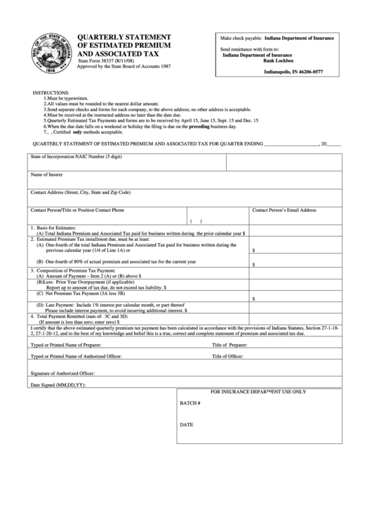 Fillable State Form 38337 - Quarterly Statement Of Estimated Premium ...