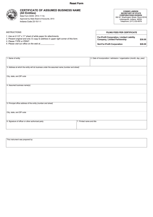 Fillable State Form 30353 - Pass-Through Entity Identification - 2013 Printable pdf