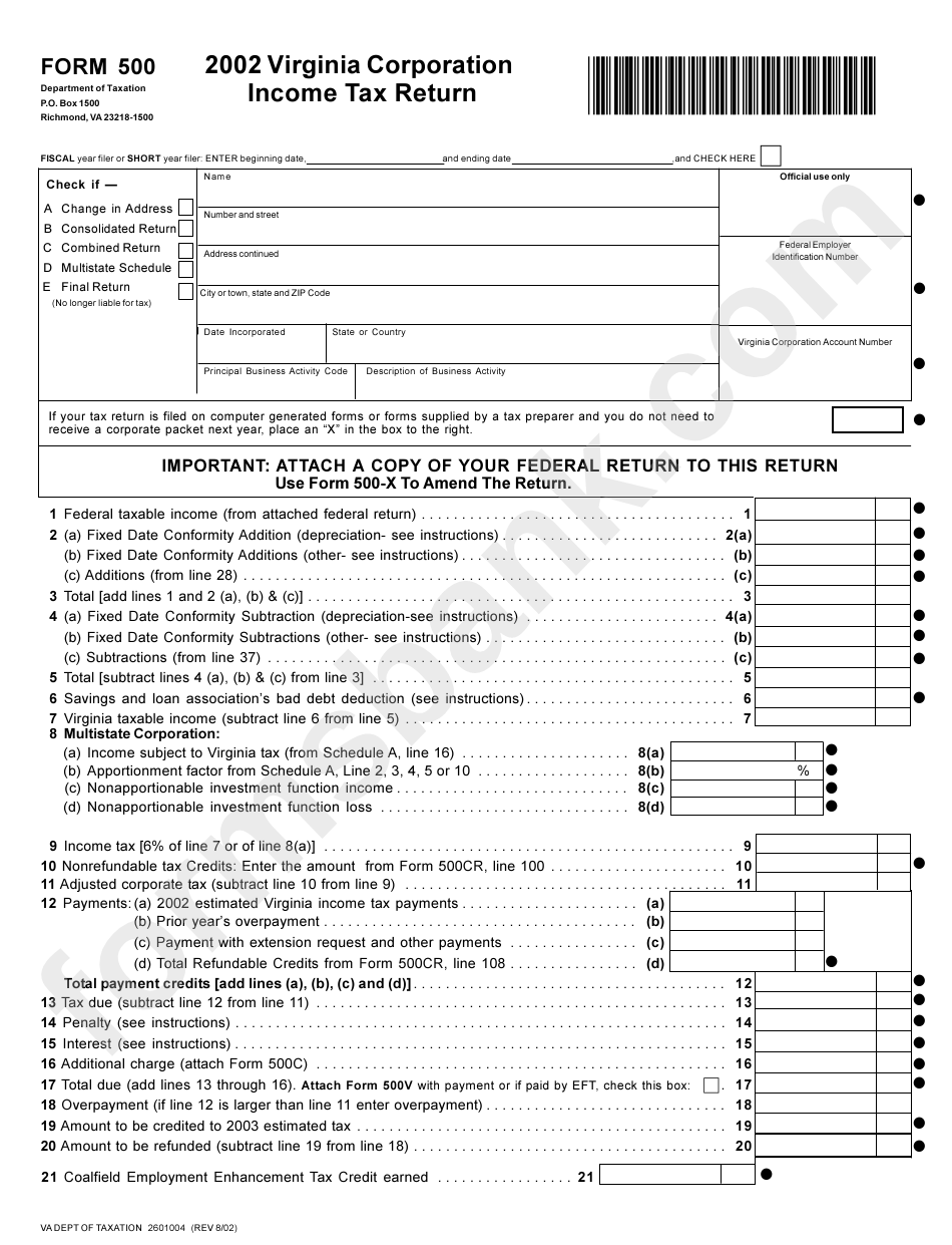 Form 500 - Virginia Corporation Income Tax Return - 2002
