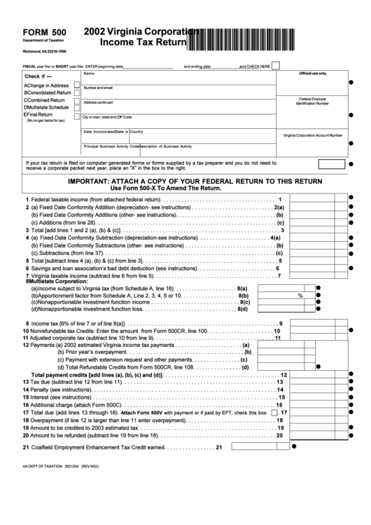 Form 500 - Virginia Corporation Income Tax Return - 2002 Printable pdf