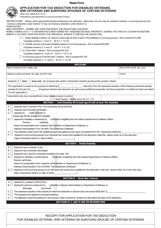 Fillable Form 12662 - Application For Tax Deduction For Disabled Veterans, Wwi Veterans And Surviving Of Certain Veterans - 2013 Printable pdf