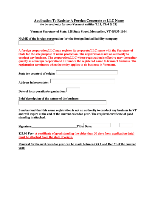 Application To Register A Foreign Corporate Or Llc Name Form Printable pdf