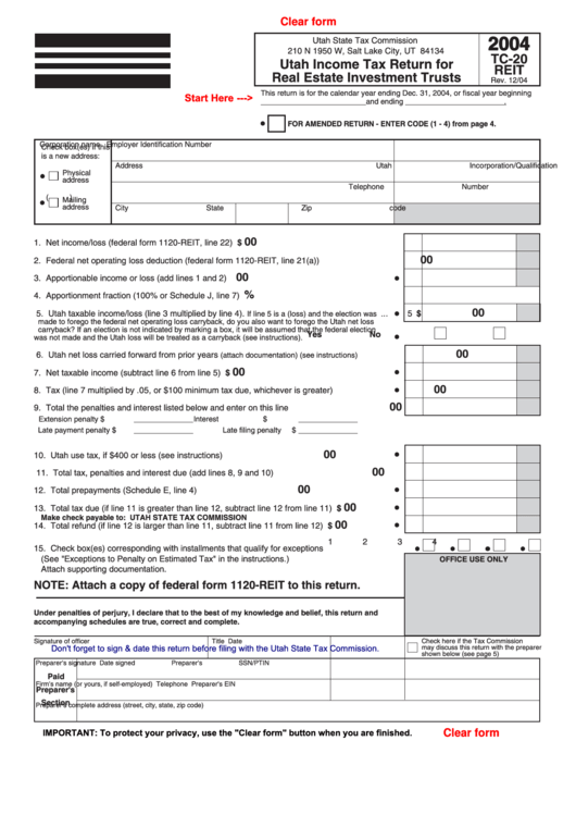 Fillable Form Tc-20 Reit - Utah Income Tax Return For Real Estate Investment Trusts - 2004 Printable pdf