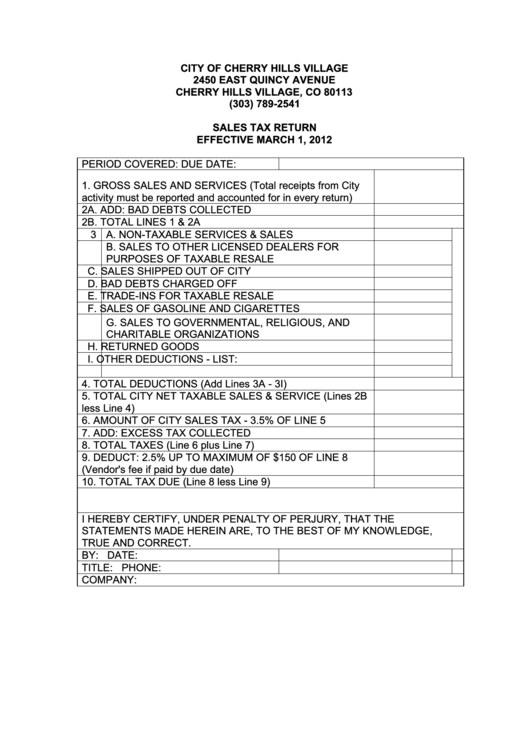 Sales Tax Return Form - City Of Cherry Village Printable pdf