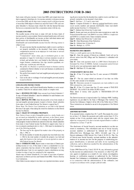 Instructions For Form D-1041 - Income Tax Return For Estates And Trusts - 2003 Printable pdf