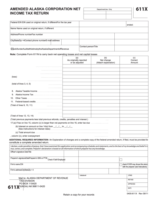 Form 611x - Amended Akaska Corporation Net Income Tax Return - 2011 Printable pdf