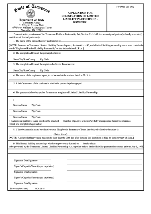 Form Ss-4482 - Application For Registration Of Limited Liability Partnership - Domestic - 2000 Printable pdf