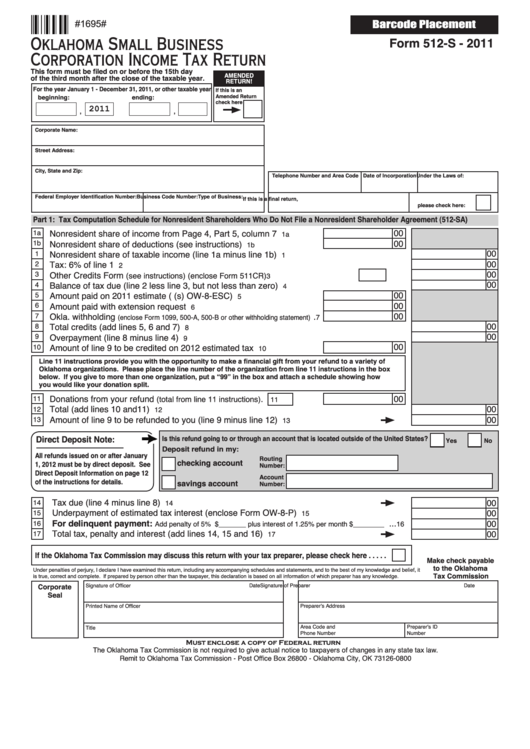 Form 512-S - Oklahoma Small Business Corporation Income Tax Return - 2011 Printable pdf