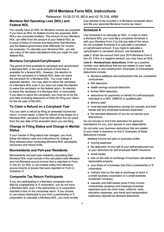 Montana Form Nol Instructions - Montana Net Operating Loss (Nol) And Federal Nol - 2014 Printable pdf