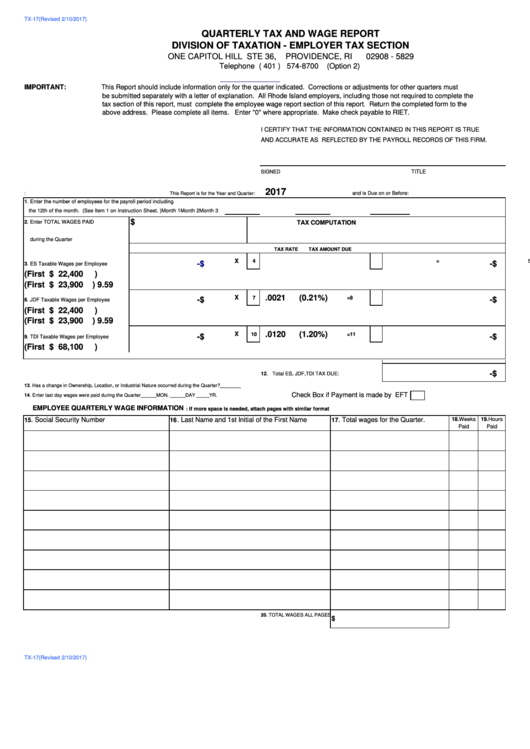 Form Tx-17 - Quarterly Tax And Wage Report - 2017 Printable pdf