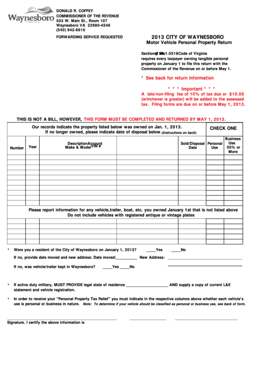 Motor Vehicle Personal Property Return Form - City Of Waynesboro - 2013 Printable pdf