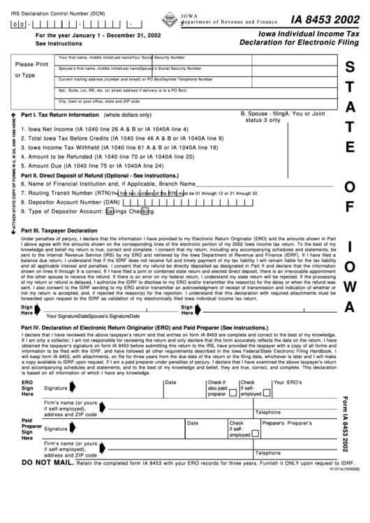 Form Ia 8453 - Iowa Individual Income Tax Declaration For Electronic Filing - 2002 Printable pdf