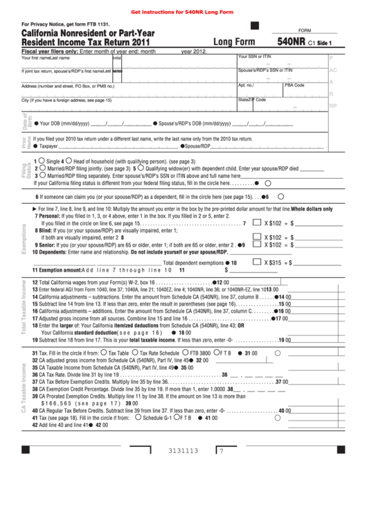 Fillable Form 540nr - California Nonresident Or Part-Year Resident Income Tax Return - 2011 Printable pdf