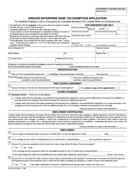 Oregon Enterprise Zone Tax Exemption Application - Oregon Department Of Revenue - 1999 Printable pdf
