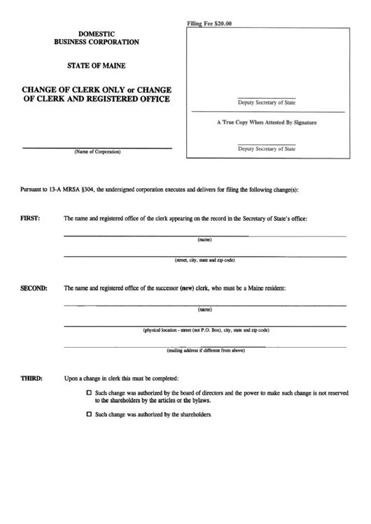 Form Mbca-3 - Change Of Clerk Only Or Change Of Clerk And Registered Office - 2000 Printable pdf