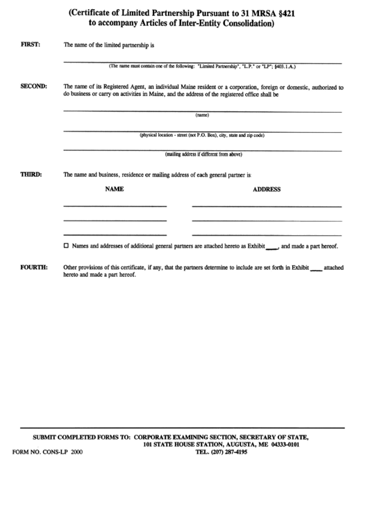 Form Cons-Lp - Certificate Of Limited Partnership Pursuant To 31 Mrsa 421 To Accompany Articles Of Inter-Entity Consolidation - 2000 Printable pdf