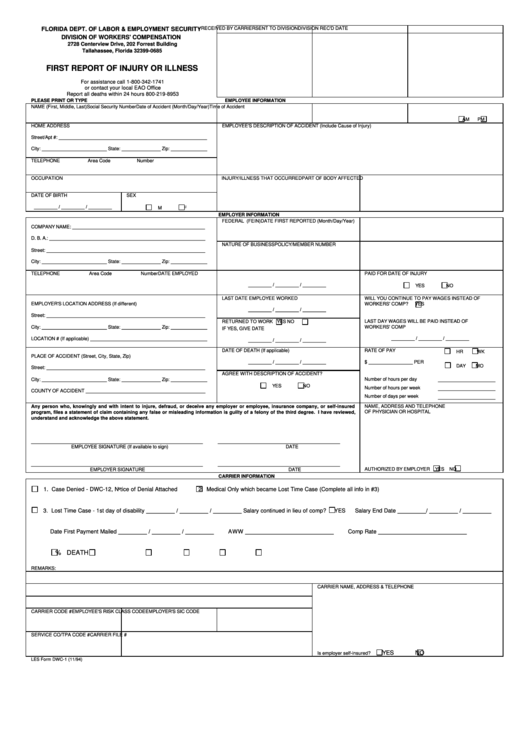 Les Form Dwc-1 - First Report Of Injury Or Illness - Florida Dept. Of Labor & Employment Security - 1994 Printable pdf