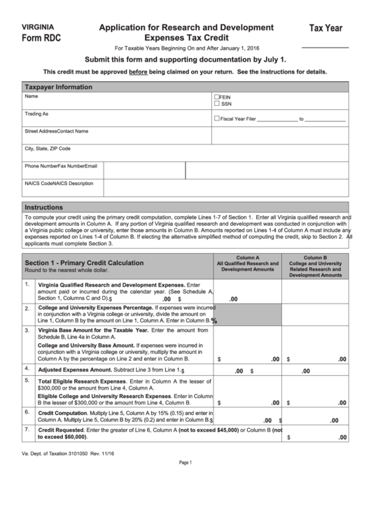 Fillable Form Rdc - Application For Research And Development Expenses Tax Credit - 2016 Printable pdf
