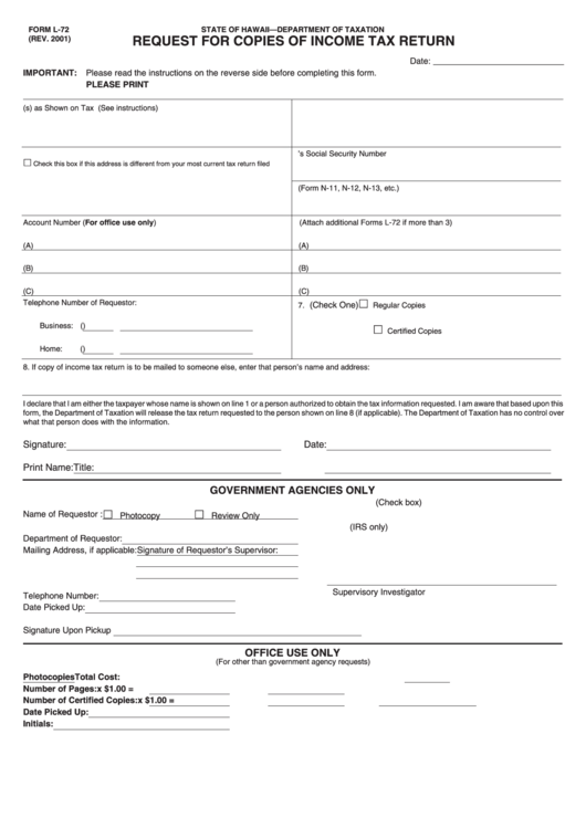 Form L-72 - Request For Copies Of Income Tax Return - 2001 Printable pdf