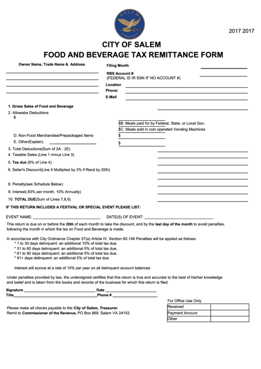 Food And Beverage Tax Remittance Form - City Of Salem - 2017 Printable pdf