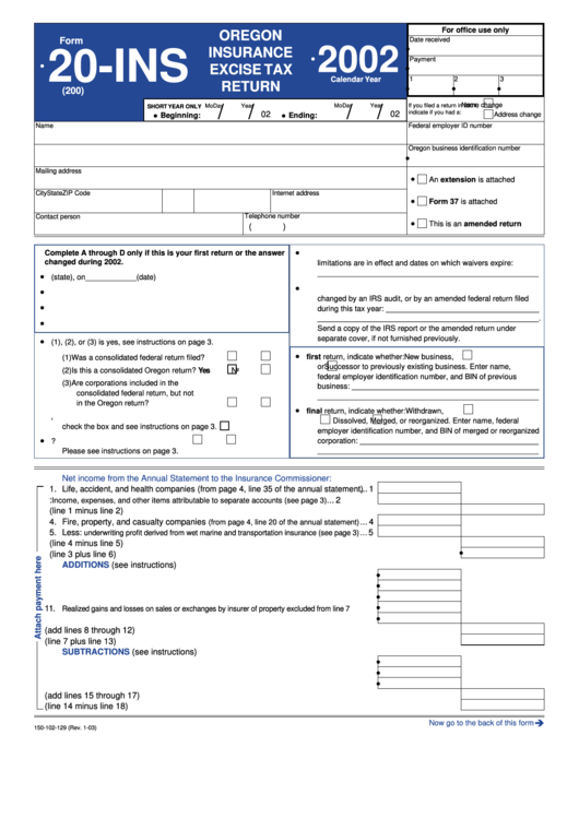 Form 20-Ins - Oregon Insurance Excise Tax Return - 2002 Printable pdf