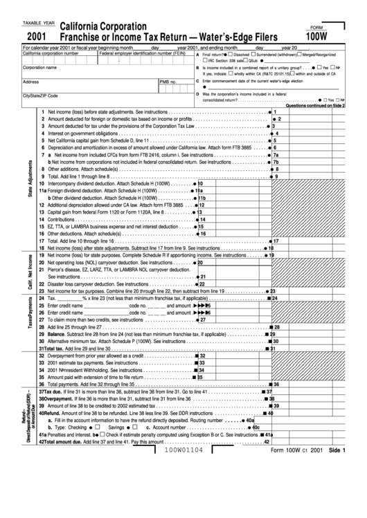 Form 100w - California Corporation Franchise Or Income Tax Return - Water