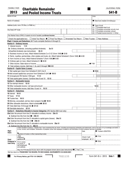 California Form 541-B - Charitable Remainder And Pooled Income Trusts - 2013 Printable pdf
