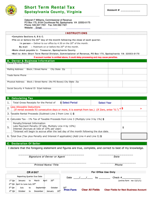 Fillable Form Cr 067 - Short Term Rental Tax - Spotsylvania County Printable pdf