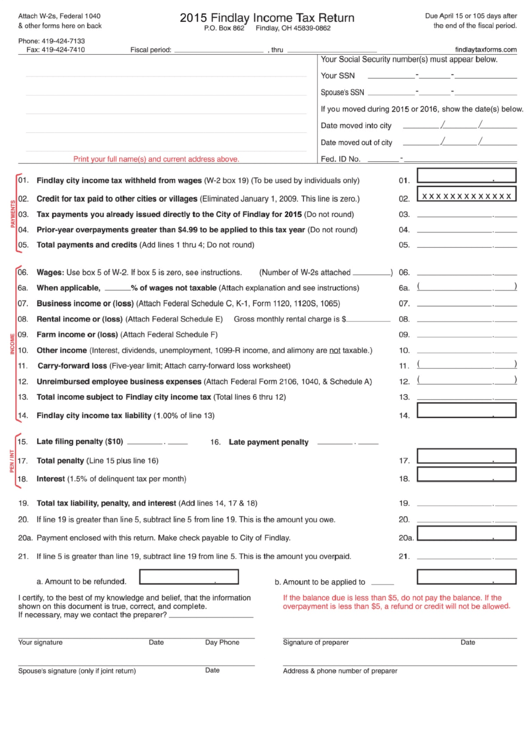 Fillable Income Tax Return - City Of Findlay, 2015 Printable pdf