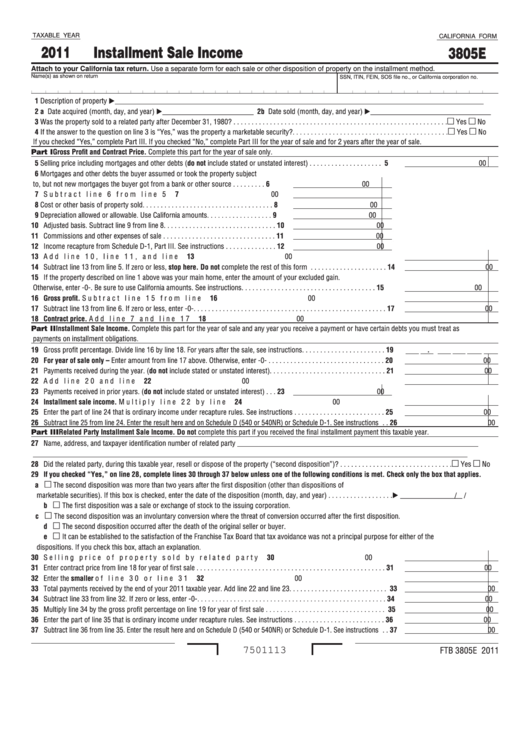 Form 3805e - Installment Sale Income - 2011 Printable pdf