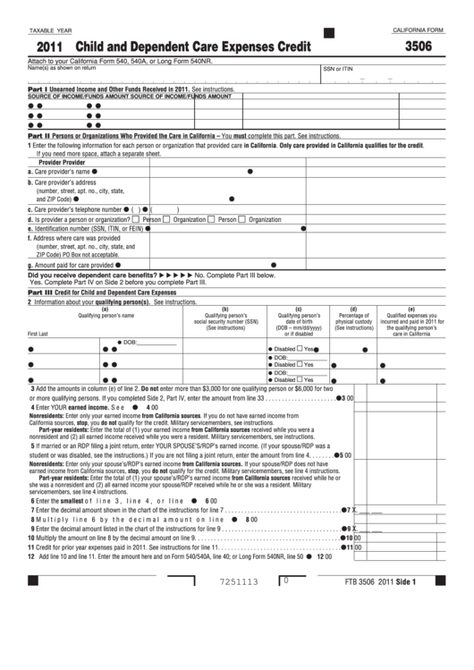 Fillable California Form 3506 - Child And Dependent Care Expenses Credit - 2011 Printable pdf