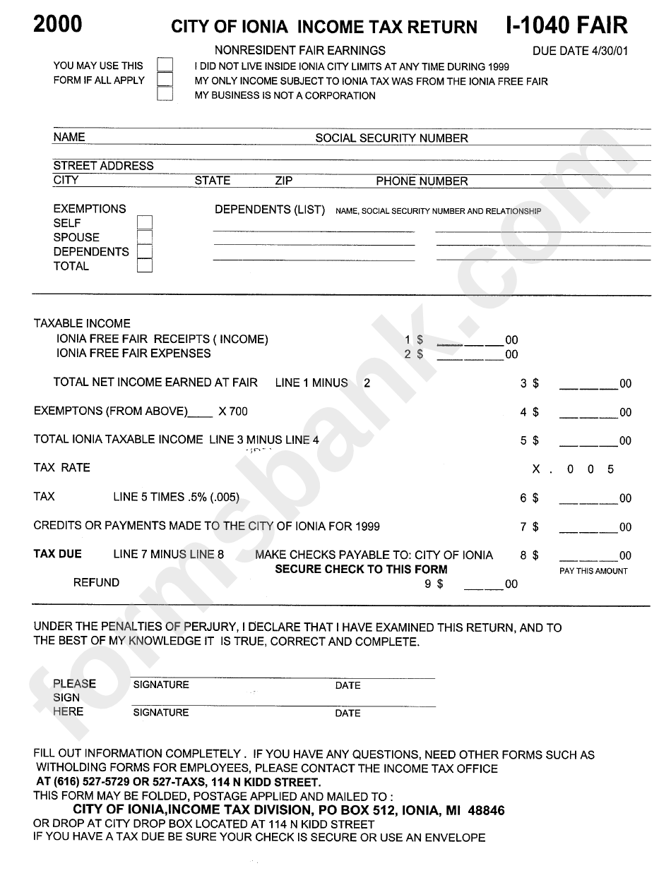 Form I-1040 - Income Tax Return - City Of Ionia, 2000