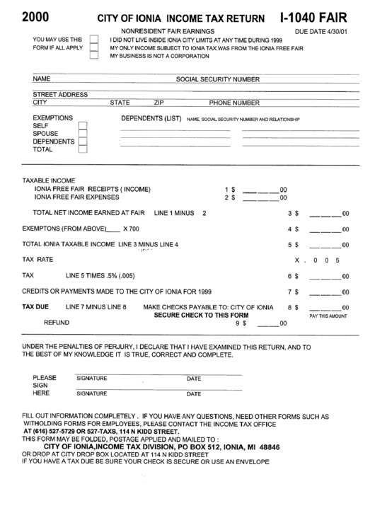 Form I-1040 - Income Tax Return - City Of Ionia, 2000 Printable pdf