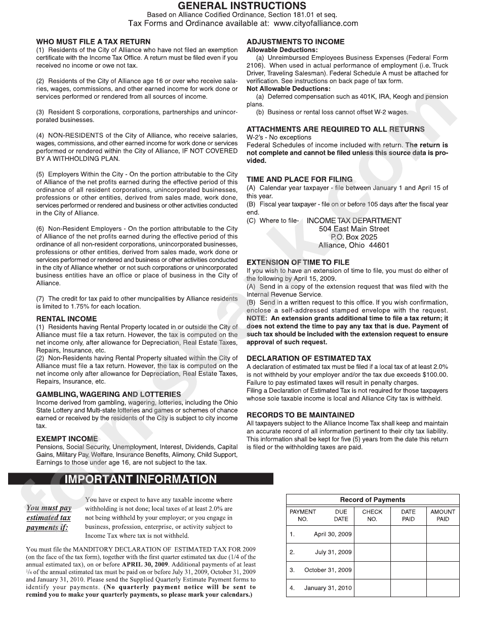 Instructions For Income Tax Return Form - City Of Alliance